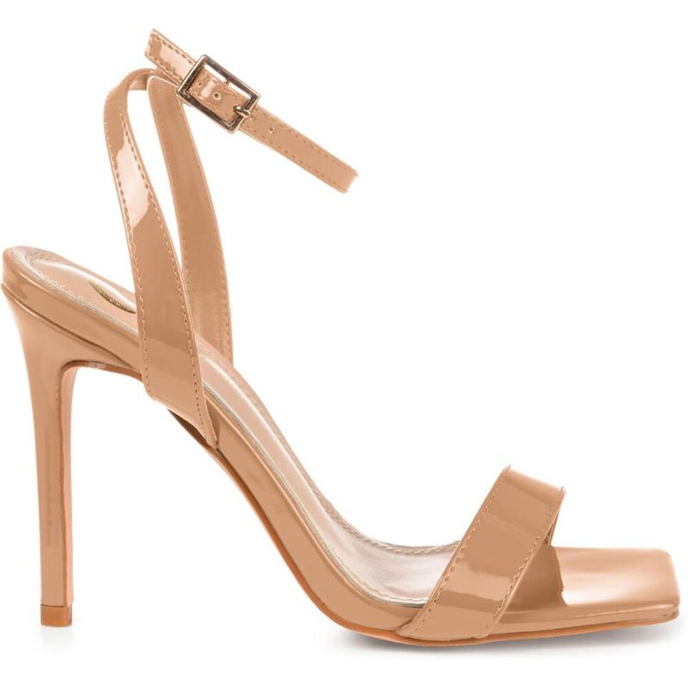 Journee Collection Womens Dorian Tan Patent Open Toe Pumps New - Picture 2 of 3
